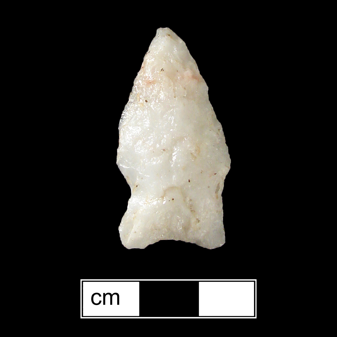 Image of stone projectile point made of Quartz, Side-Notched shape, with a Expanding stem, Excurvate blade, and Concave base shape. Halifax type.