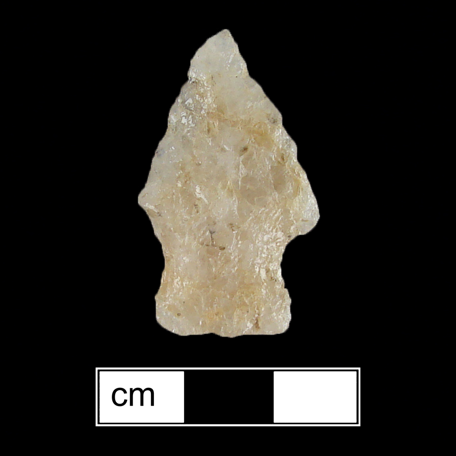 Image of stone projectile point made of Quartz, Side-Notched shape, with a Expanding stem, Straight blade, and Straight base shape. Halifax type.