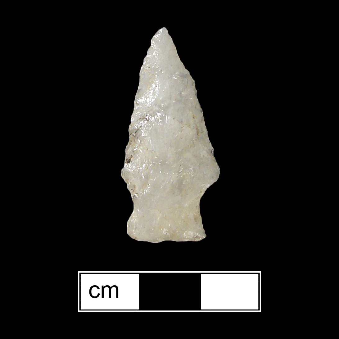 Image of stone projectile point made of Quartz, Side-Notched shape, with a Expanding stem, Straight blade, and Straight base shape. Halifax type.