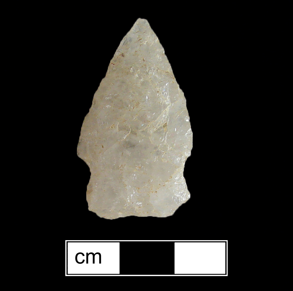 Image of stone projectile point made of Quartz, Side-Notched shape, with a Expanding stem, Excurvate blade, and Concave base shape. Halifax type.