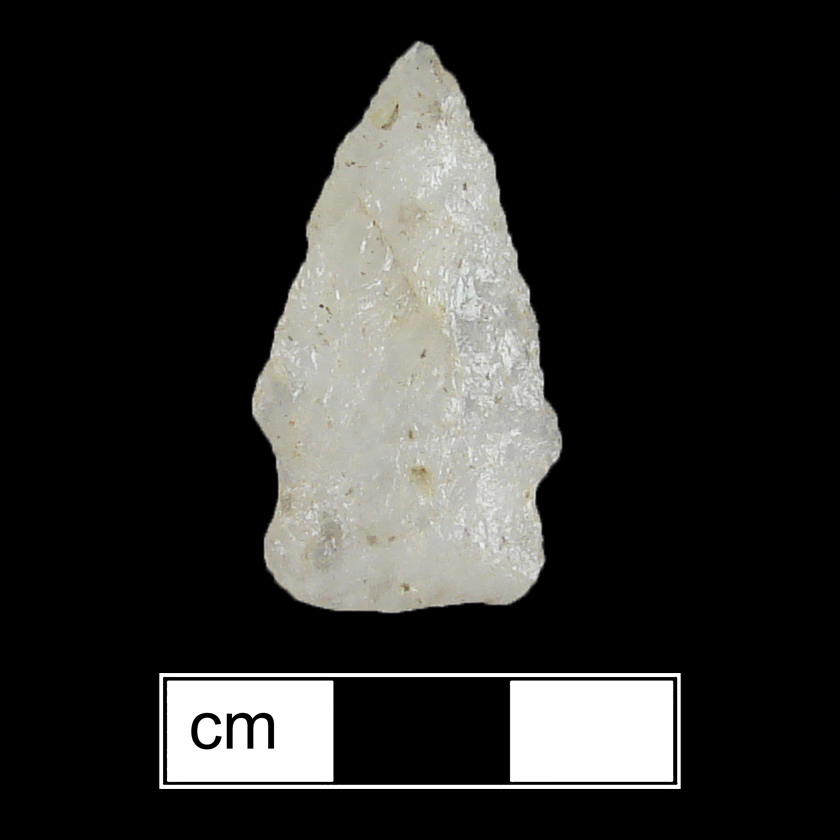 Image of stone projectile point made of Quartz, Side-Notched shape, with a Expanding stem, Excurvate blade, and Straight base shape. Halifax type.