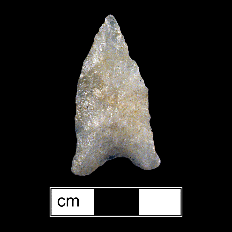 Image of stone projectile point made of Quartz, Lanceolate shape, with a N/A stem, Straight blade, and Concave base shape. Hardaway-Dalton type.