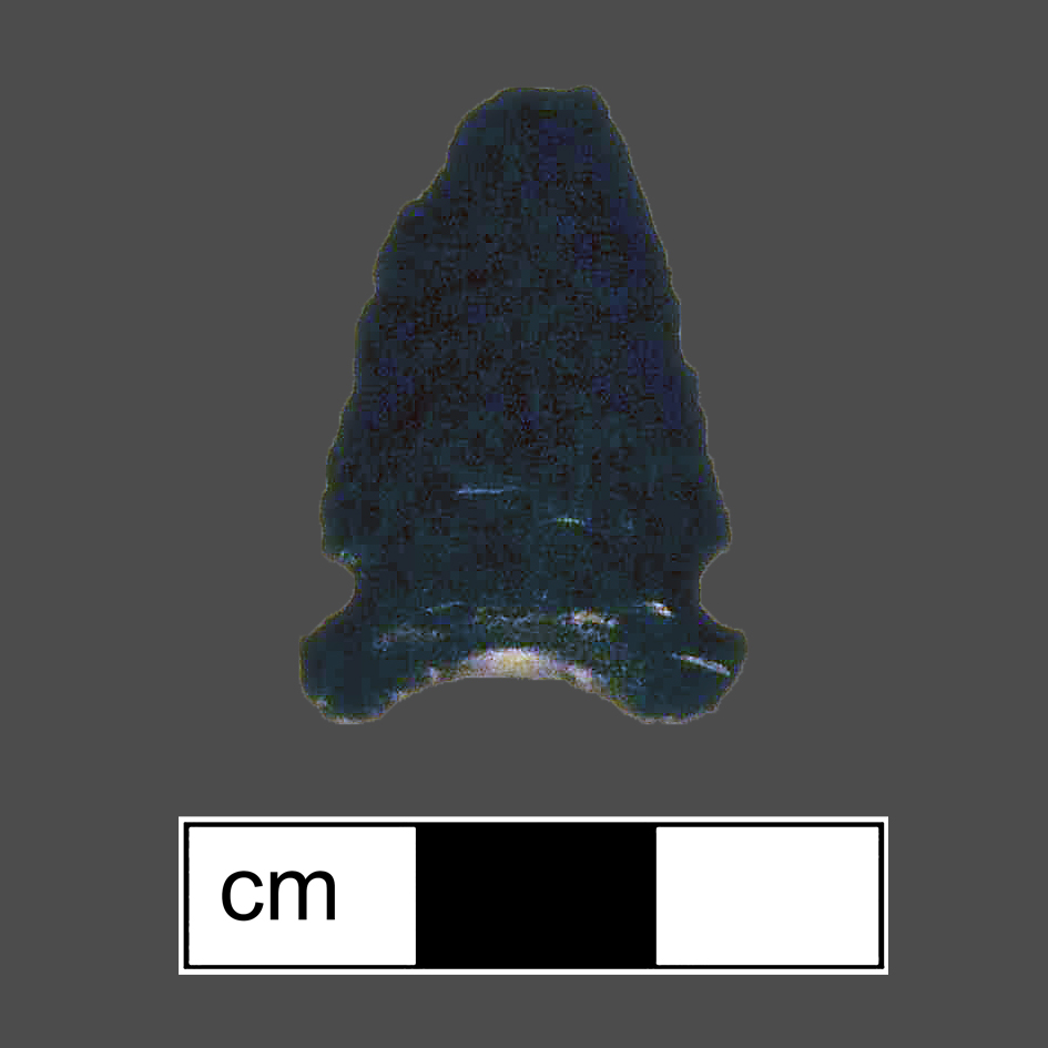 Image of stone projectile point made of Chert?, Side-Notched shape, with a N/A stem, Straight blade, and Concave base shape. Hardaway Side Notched type.