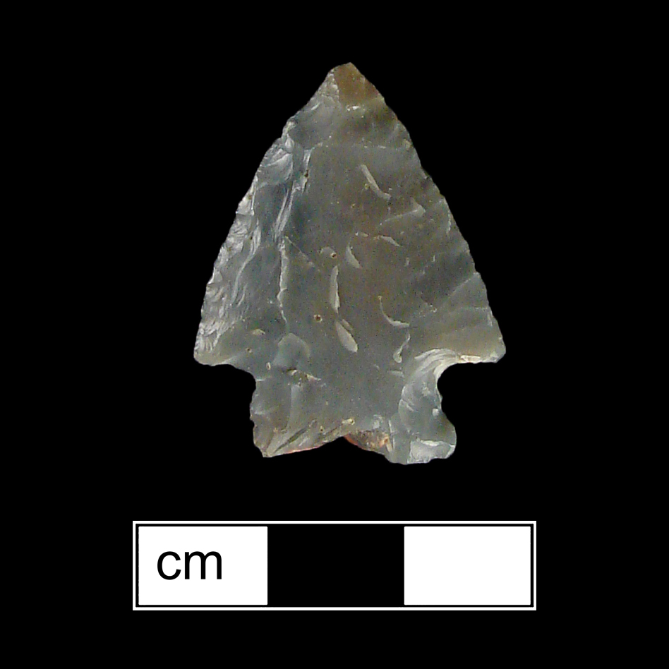 Image of stone projectile point made of Chert, Corner-Notched shape, with a Expanding stem, Excurvate blade, and Concave base shape. Jacks Reef Corner Notched type.