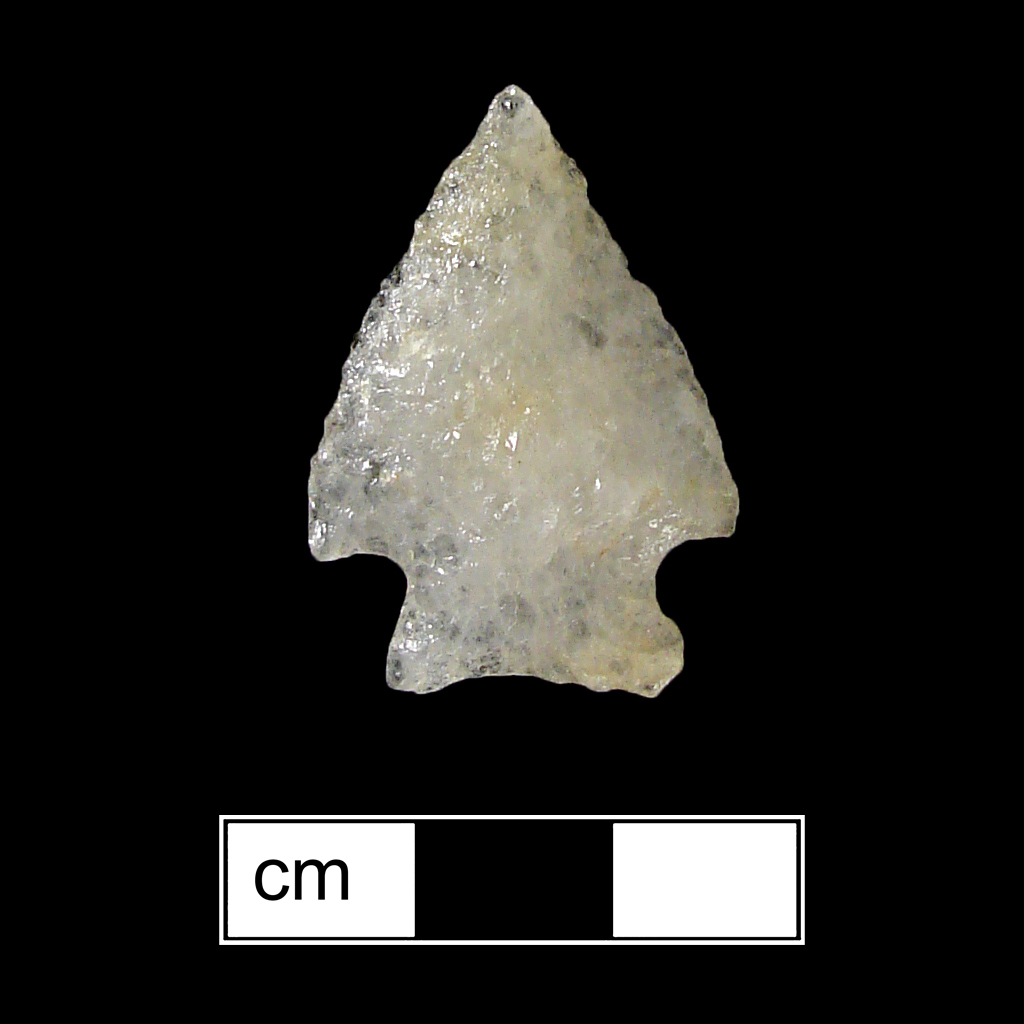 Image of stone projectile point made of Quartz, Corner-Notched shape, with a Expanding stem, Straight blade, and Concave base shape. Jacks Reef Corner Notched type.