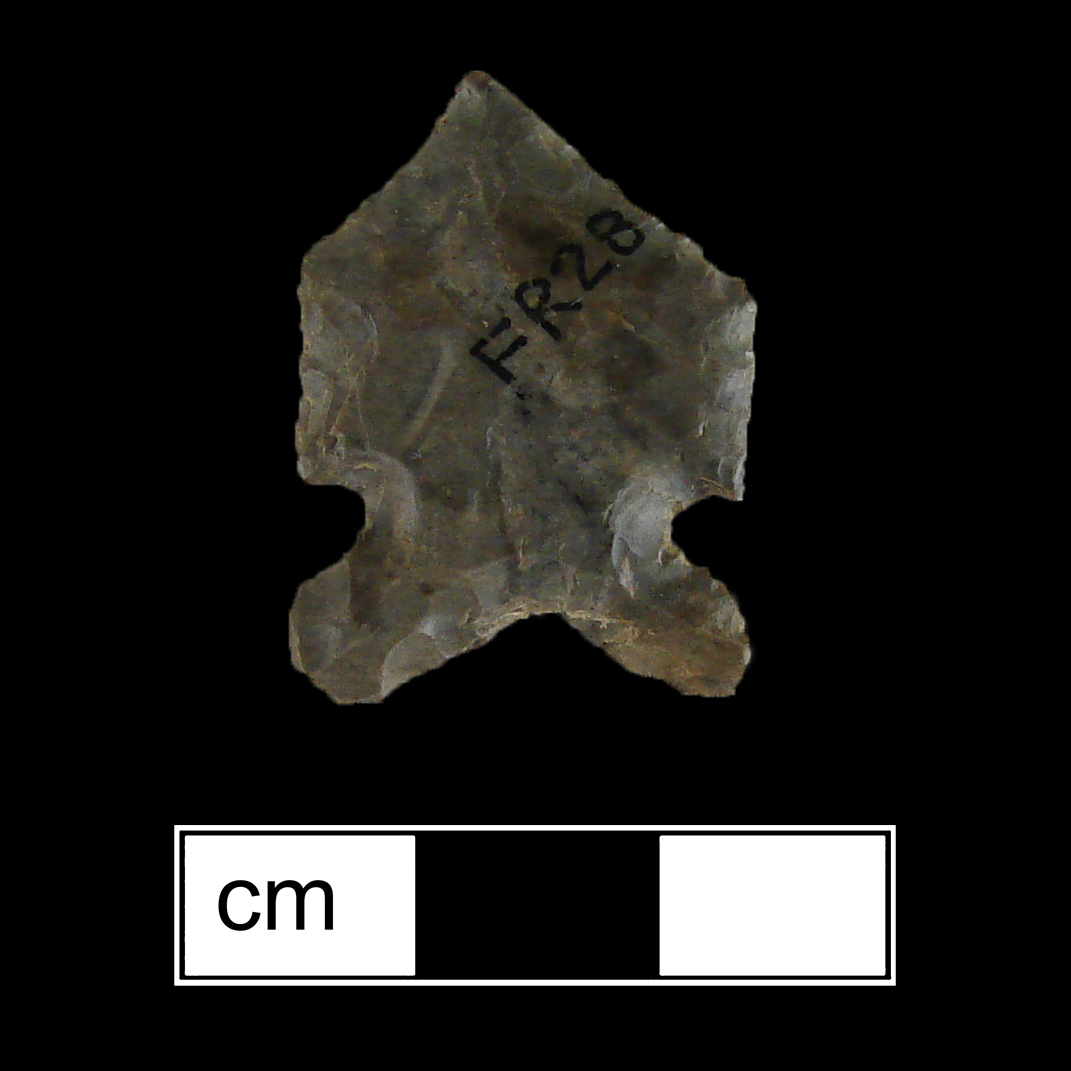 Image of stone projectile point made of Chert, Corner-Notched shape, with a Expanding stem, N/A blade, and Bifurcate base shape. Jacks Reef Corner Notched type.