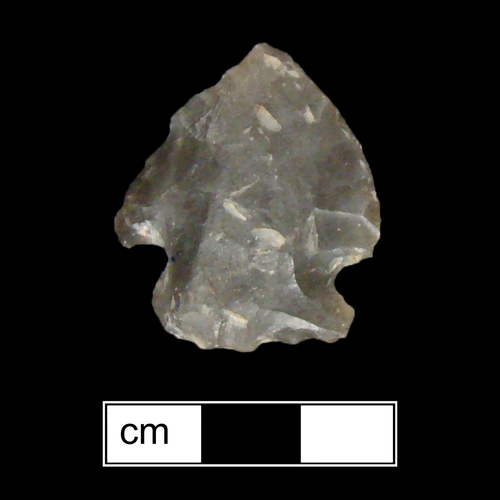 Image of stone projectile point made of Chert, Corner-Notched shape, with a Expanding stem, Excurvate blade, and Straight base shape. Jacks Reef Corner Notched type.