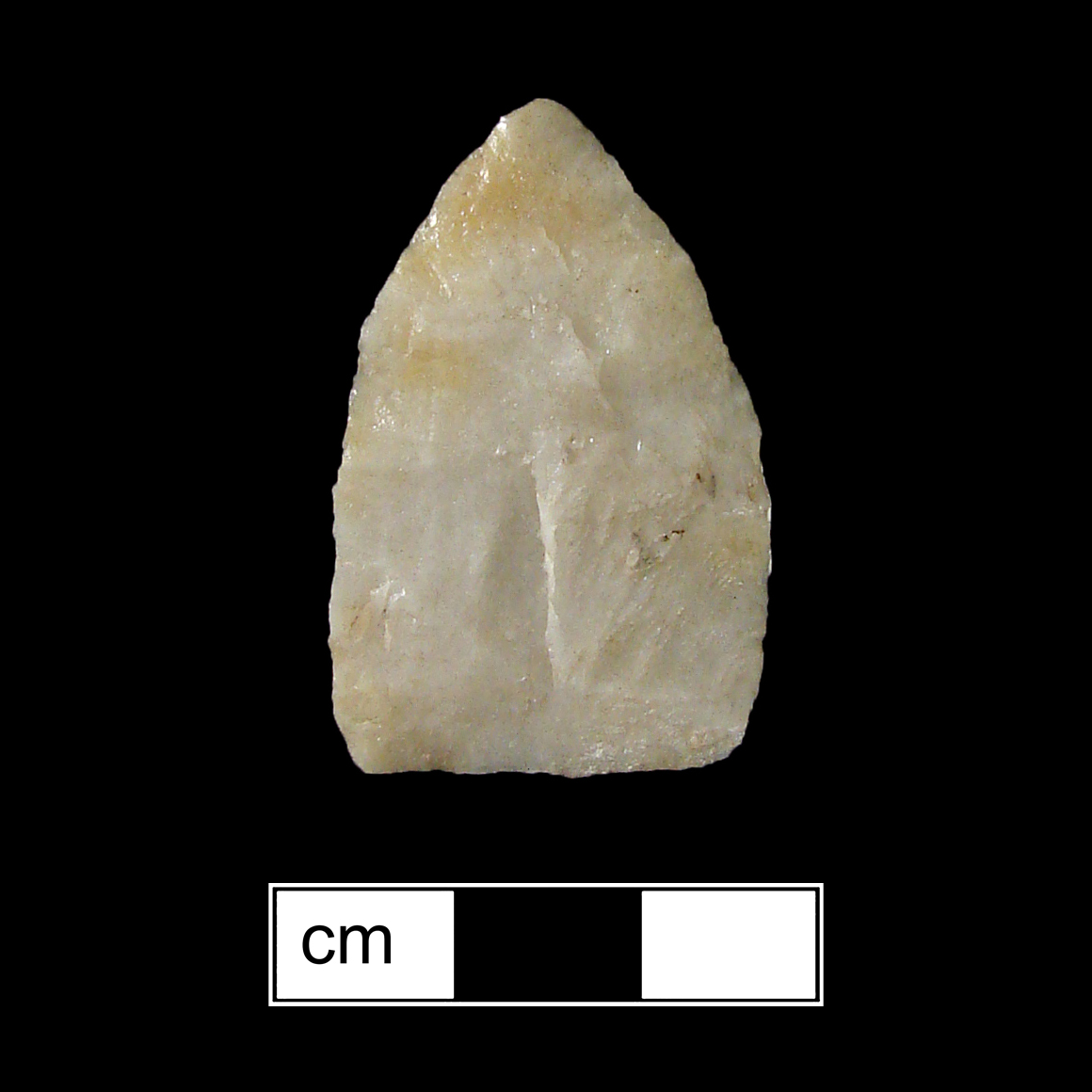 Image of stone projectile point made of Quartz, Pentagonal shape, with a N/A stem, Excurvate blade, and Straight base shape. Jacks Reef Pentagonal type.