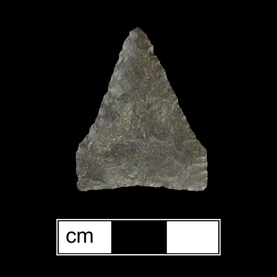 Image of stone projectile point made of Chert, Pentagonal shape, with a N/A stem, Incurvate blade, and Concave base shape. Jacks Reef Pentagonal type.