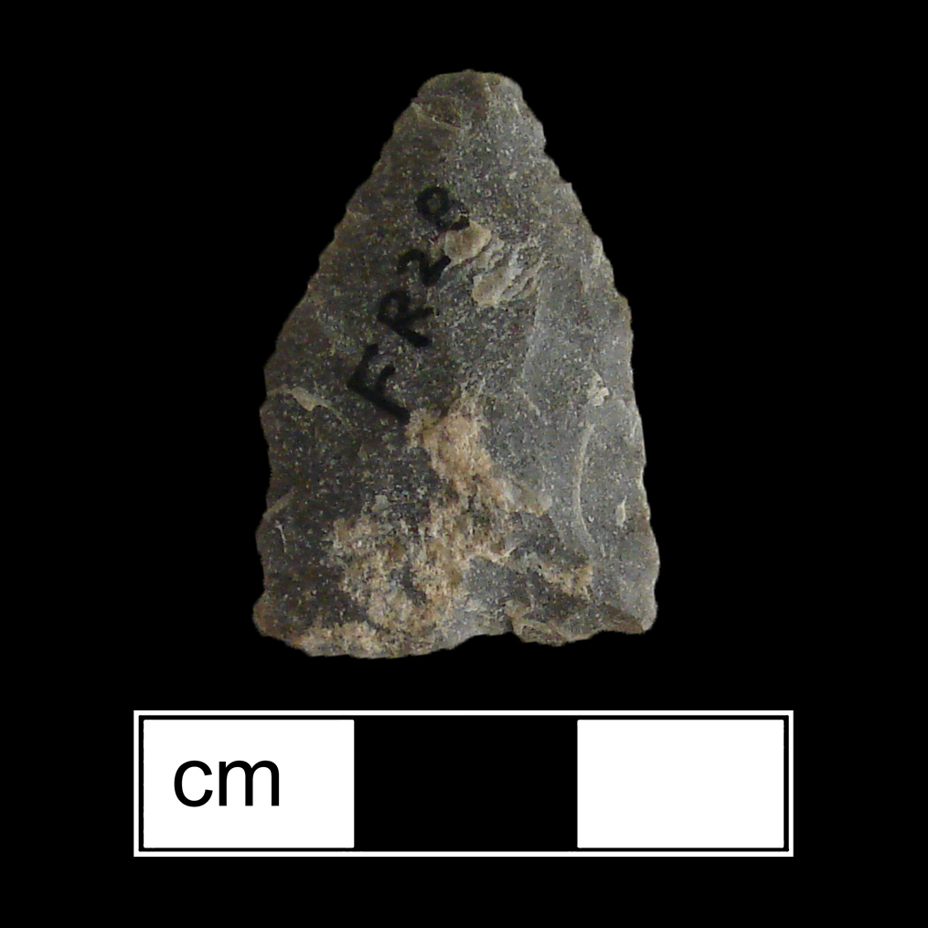 Image of stone projectile point made of Chert, Pentagonal shape, with a N/A stem, Excurvate blade, and Straight base shape. Jacks Reef Pentagonal type.