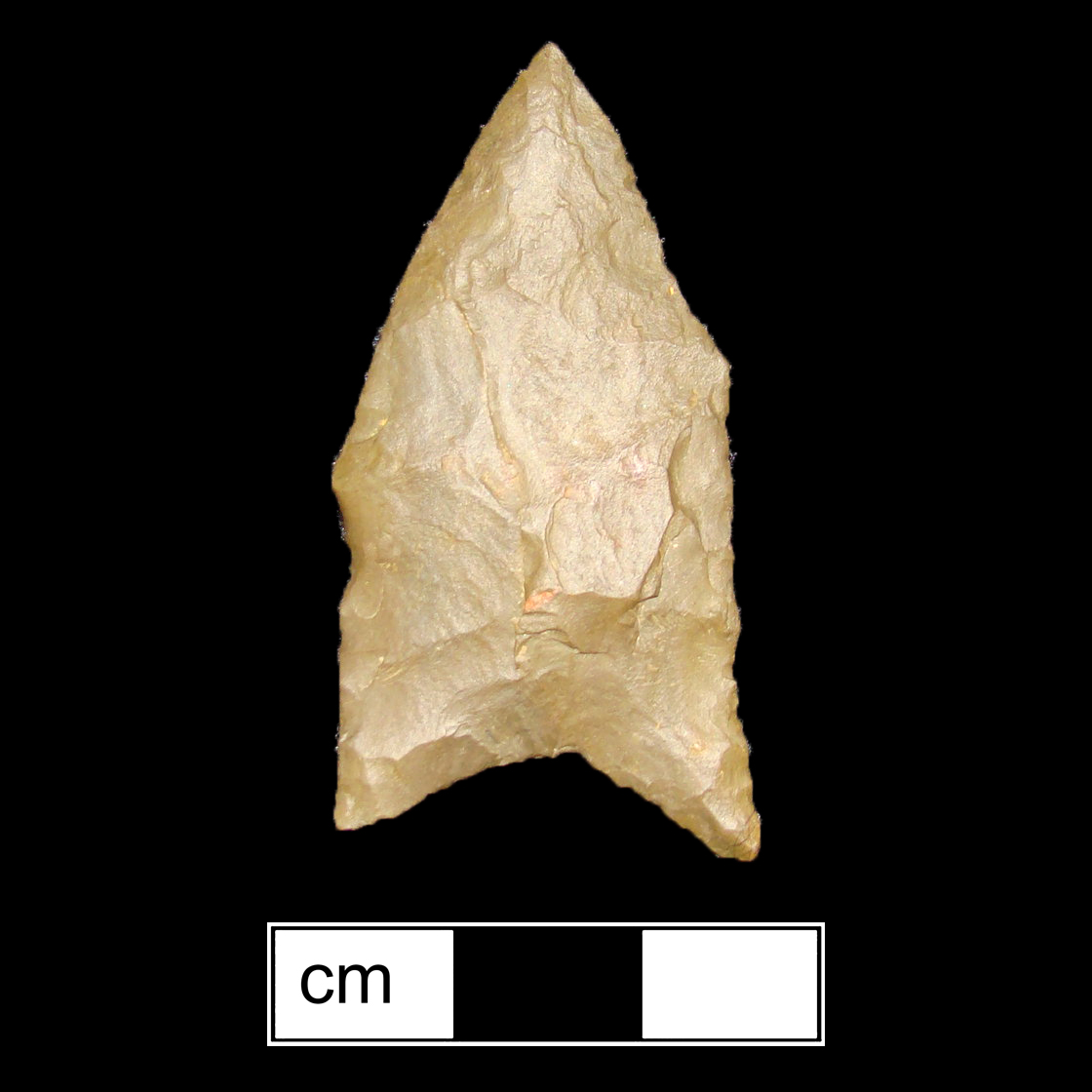 Image of stone projectile point made of Chert/Jasper, Pentagonal shape, with a N/A stem, Excurvate blade, and Concave base shape. Jacks Reef Pentagonal type.