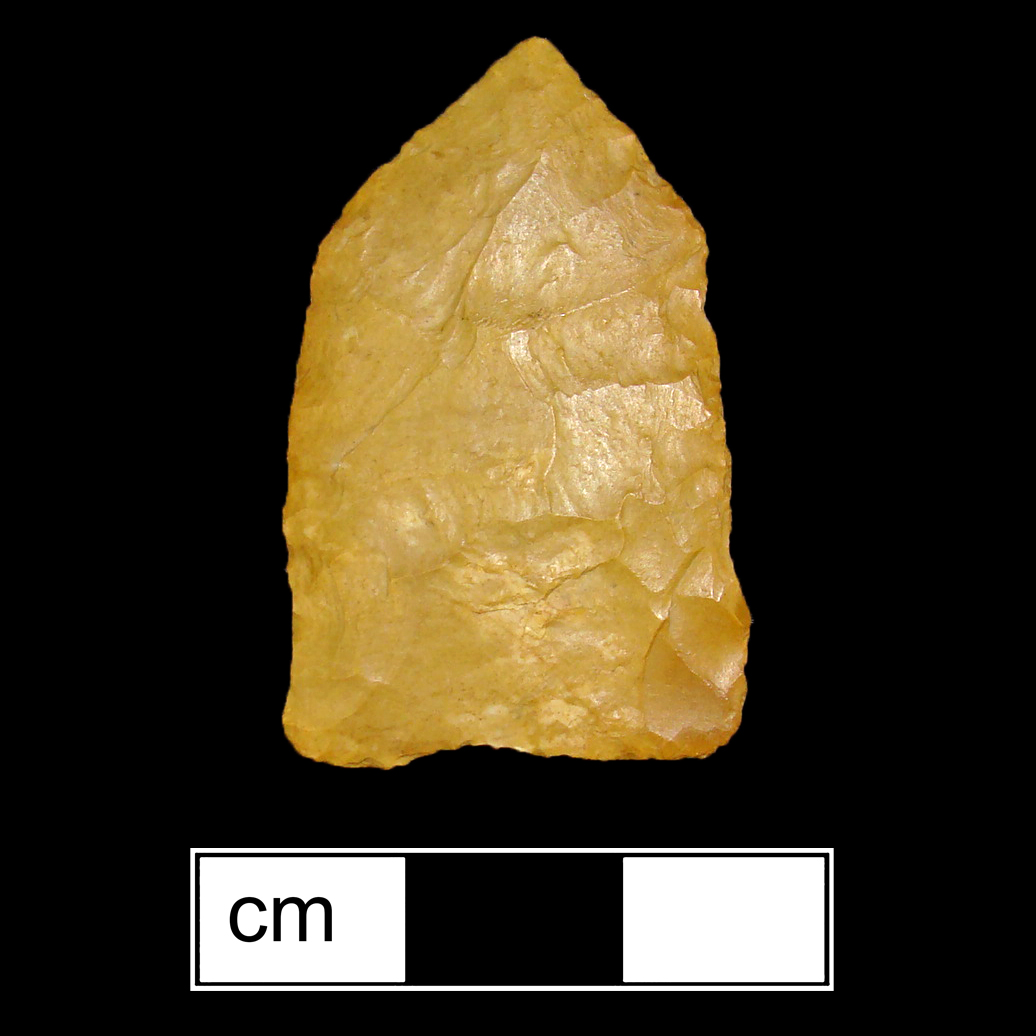 Image of stone projectile point made of Jasper, Pentagonal shape, with a N/A stem, Excurvate blade, and Concave base shape. Jacks Reef Pentagonal type.