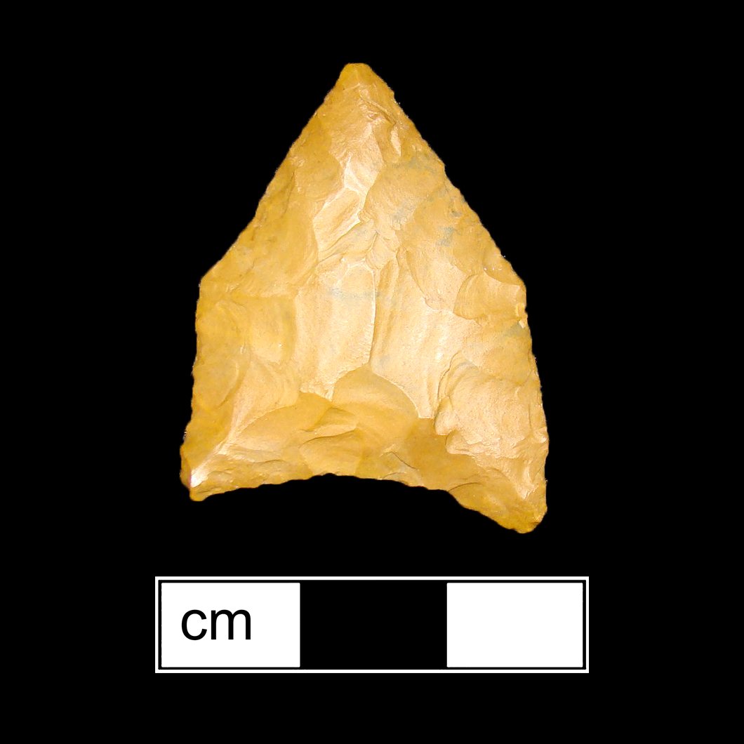 Image of stone projectile point made of Jasper, Pentagonal shape, with a N/A stem, Excurvate blade, and Concave base shape. Jacks Reef Pentagonal type.