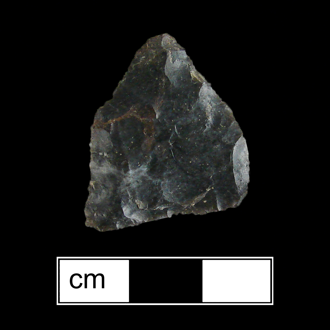 Image of stone projectile point made of Chert, Pentagonal shape, with a N/A stem, Excurvate blade, and Straight base shape. Jacks Reef Pentagonal type.