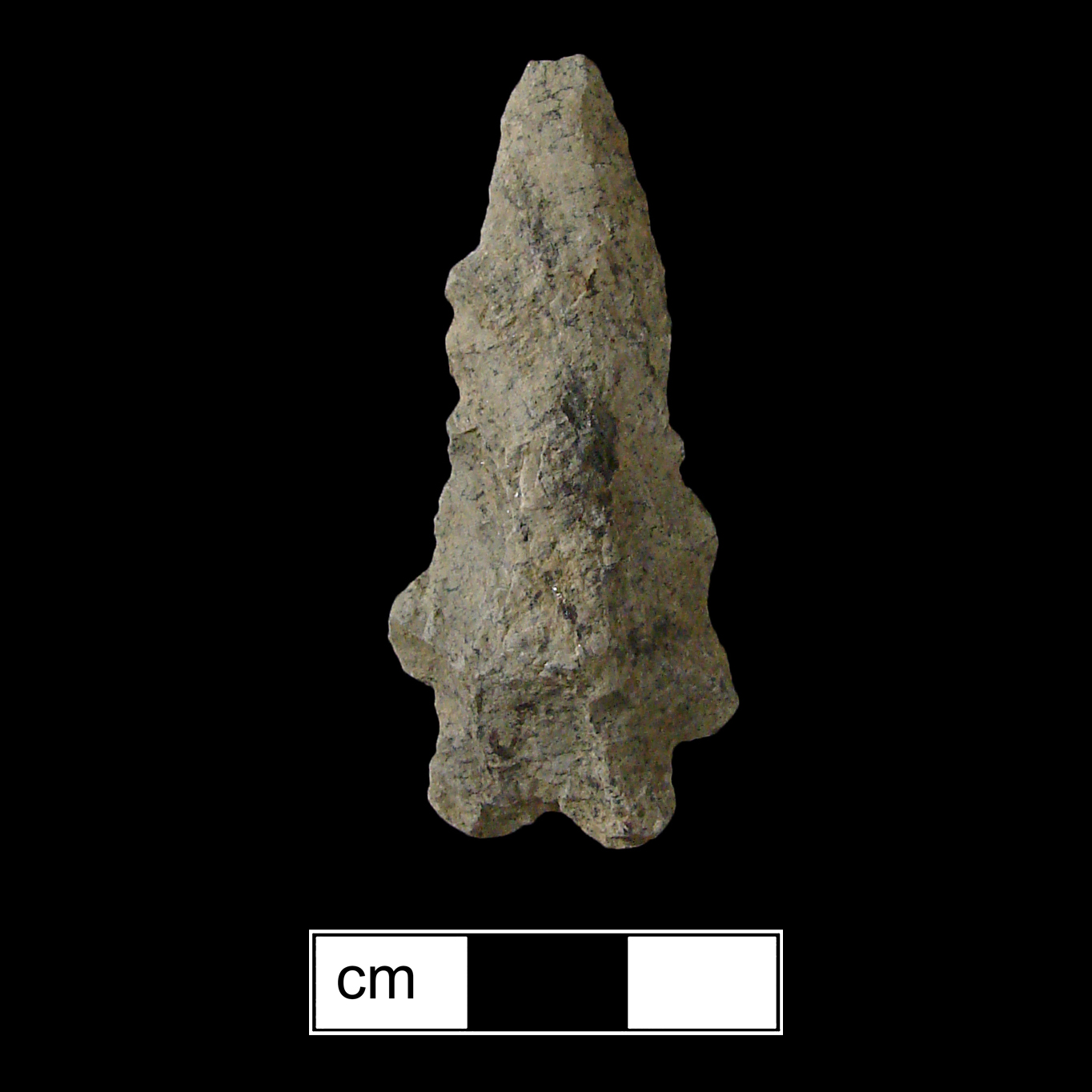 Image of stone projectile point made of Rhyolite, Stemmed/Bifurcate shape, with a Straight stem, Straight blade, and Bifurcate base shape. Kanawha Stemmed type.