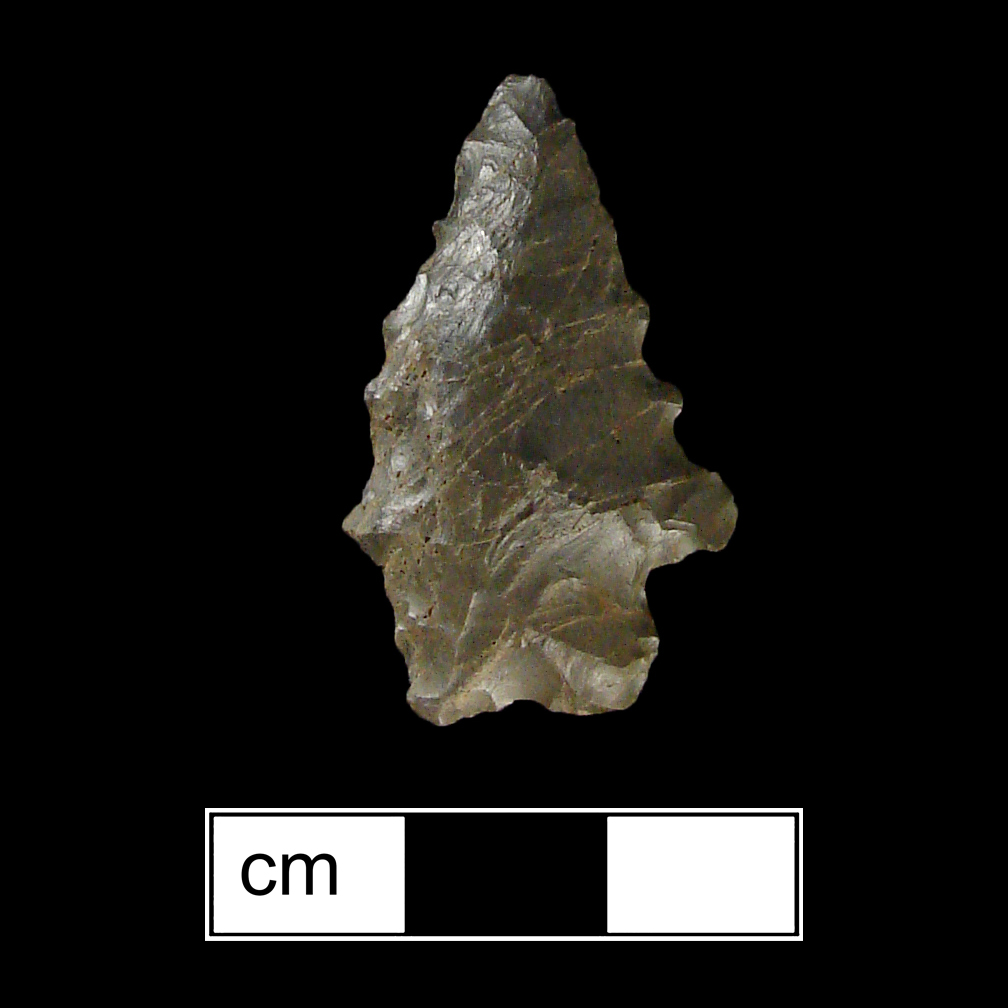 Image of stone projectile point made of Chert, Stemmed/Bifurcate shape, with a Expanding stem, Straight blade, and Bifurcate base shape. Kanawha Stemmed type.