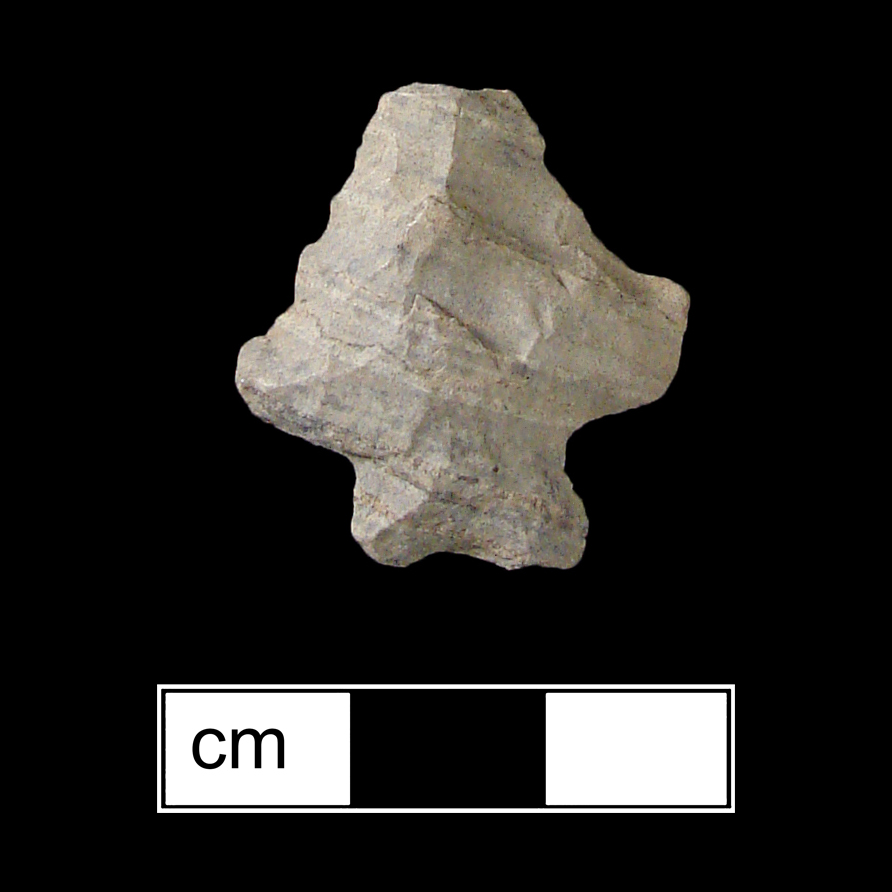 Image of stone projectile point made of Rhyolite, Stemmed/Bifurcate shape, with a Expanding stem, Incurvate blade, and Bifurcate base shape. Kanawha Stemmed type.