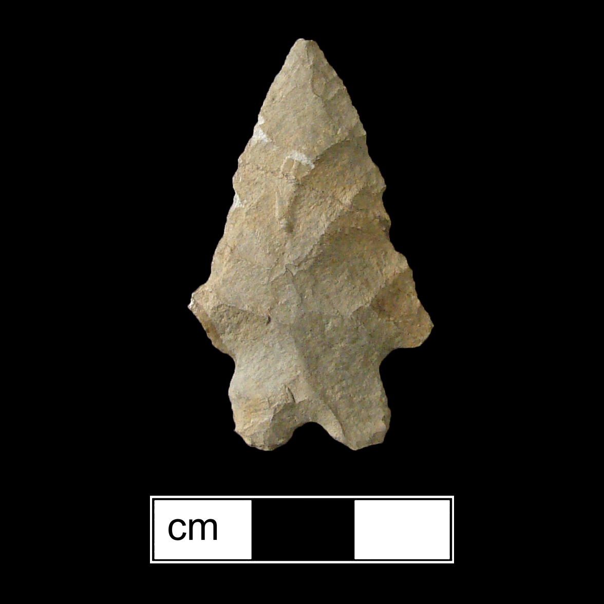 Image of stone projectile point made of Metarhyolite, Stemmed/Bifurcate shape, with a Expanding stem, Straight blade, and Bifurcate base shape. Kanawha Stemmed type.