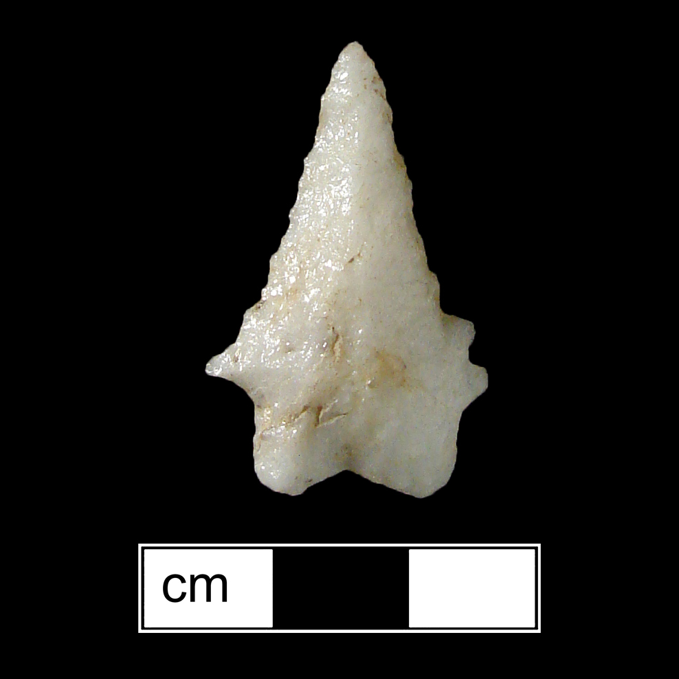 Image of stone projectile point made of Quartz, Stemmed/Bifurcate shape, with a Straight stem, Incurvate blade, and Bifurcate base shape. Kanawha Stemmed type.