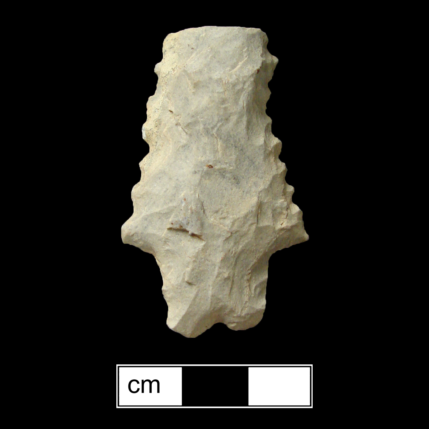 Image of stone projectile point made of Slate/Rhyolite, Stemmed/Bifurcate shape, with a Straight stem, Serrated-Straight blade, and Bifurcate base shape. Kanawha Stemmed type.