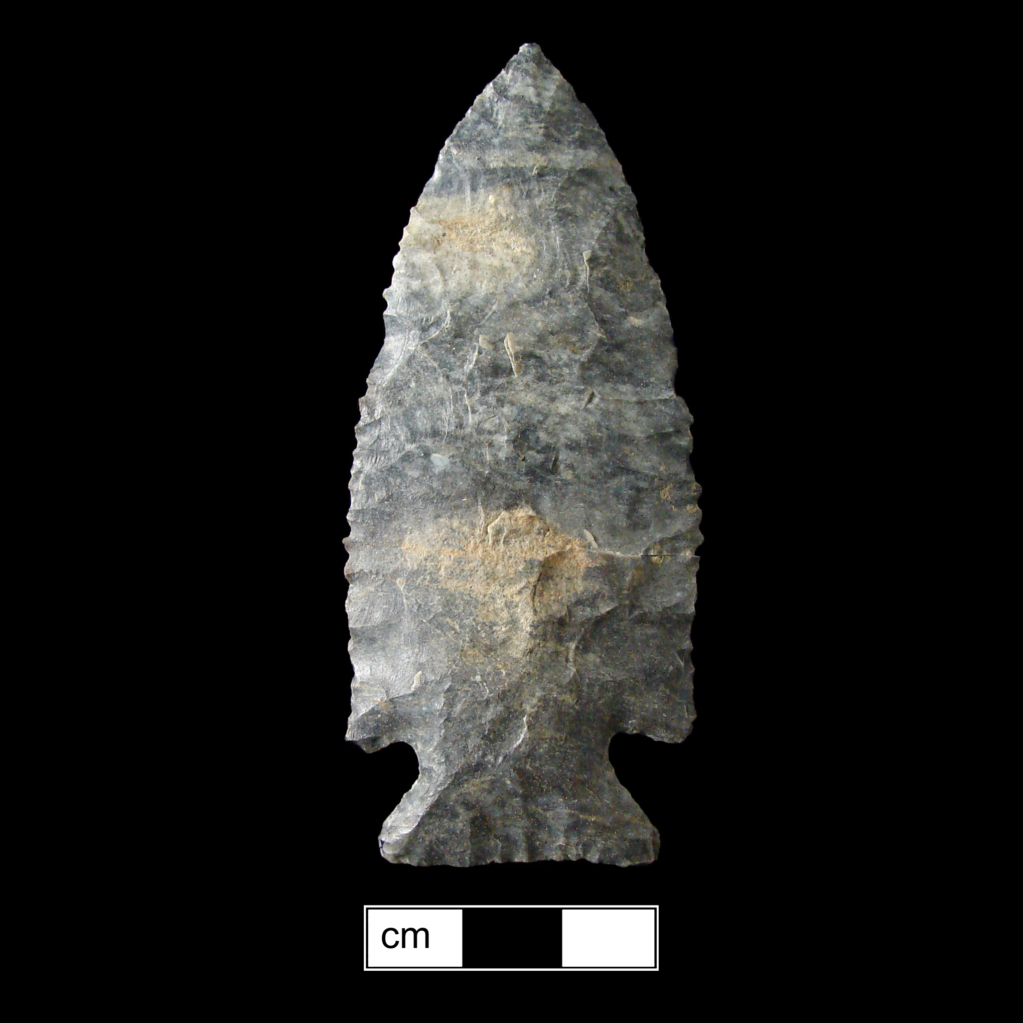 Image of stone projectile point made of Chert, Corner-Notched shape, with a Expanding stem, Excurvate blade, and Straight base shape. Kirk Corner Notched type.