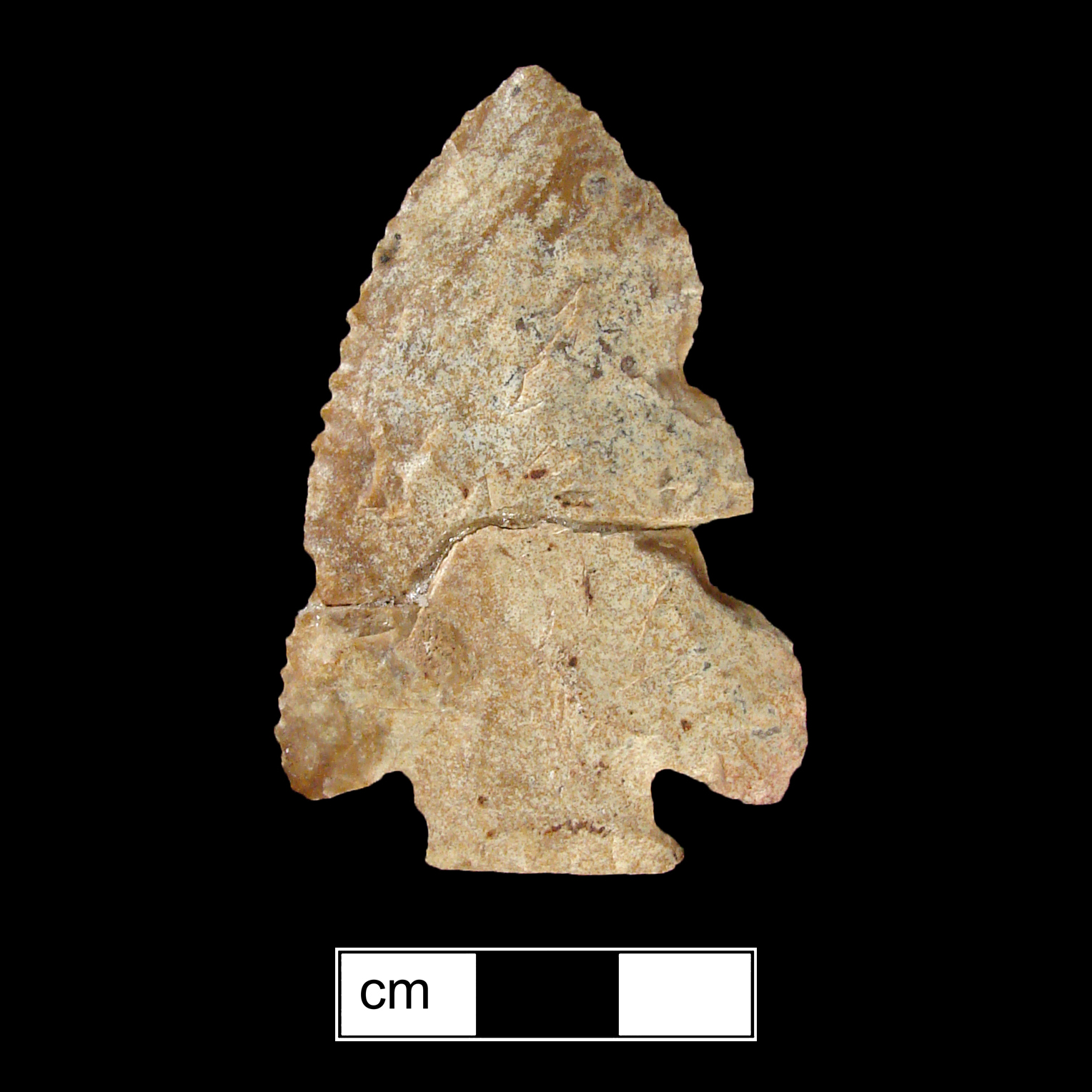 Image of stone projectile point made of Chert, Corner-Notched shape, with a Expanding stem, Excurvate blade, and Straight base shape. Kirk Corner Notched type.
