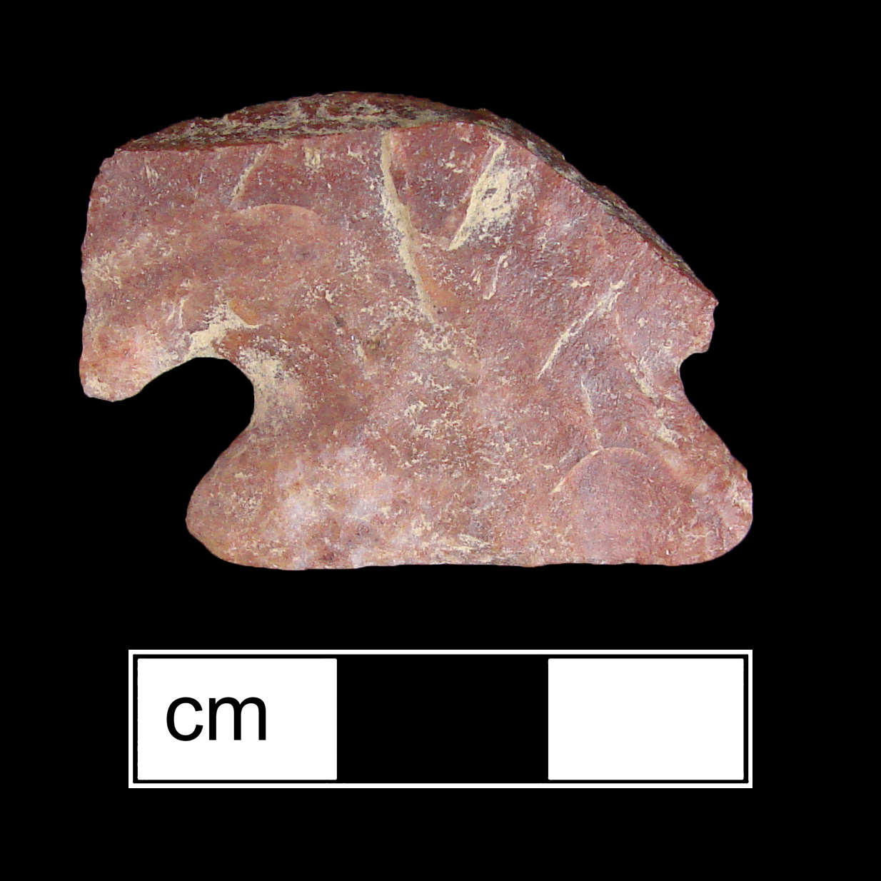 Image of stone projectile point made of Chert, Corner-Notched shape, with a Expanding stem, Unknown blade, and Straight base shape. Kirk Corner Notched type.