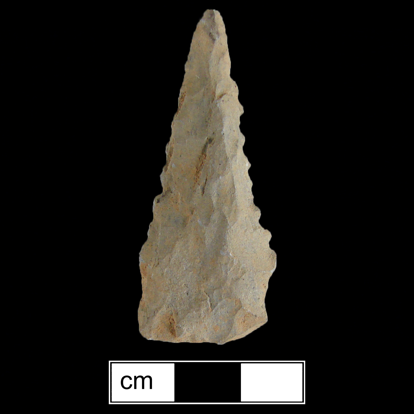 Image of stone projectile point made of Metarhyolite, Stemmed shape, with a Straight stem, Serrated-Straight blade, and Straight base shape. Kirk Serrated type.