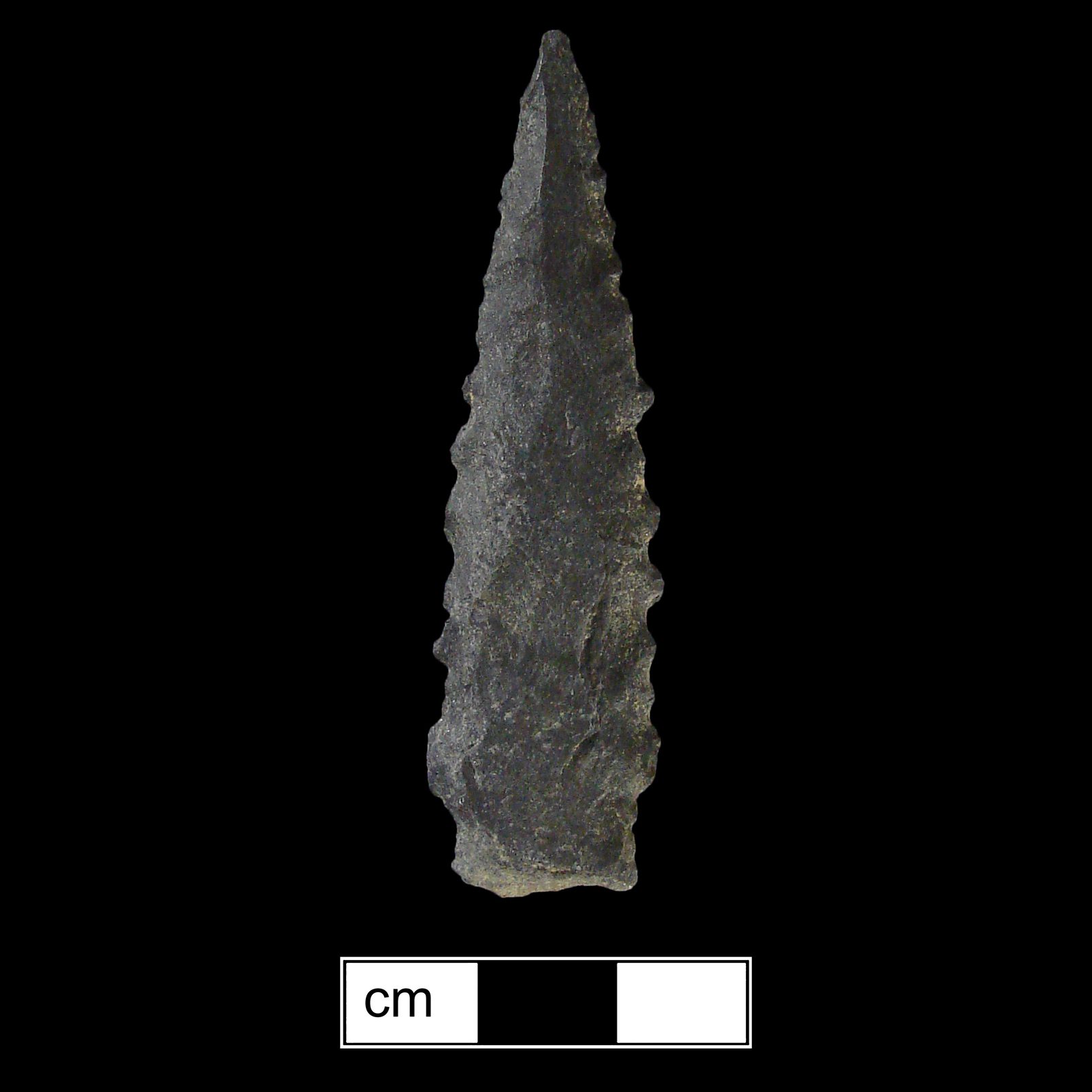 Image of stone projectile point made of Rhyolite, Stemmed shape, with a Straight stem, Serrated-Straight blade, and Concave base shape. Kirk Serrated type.