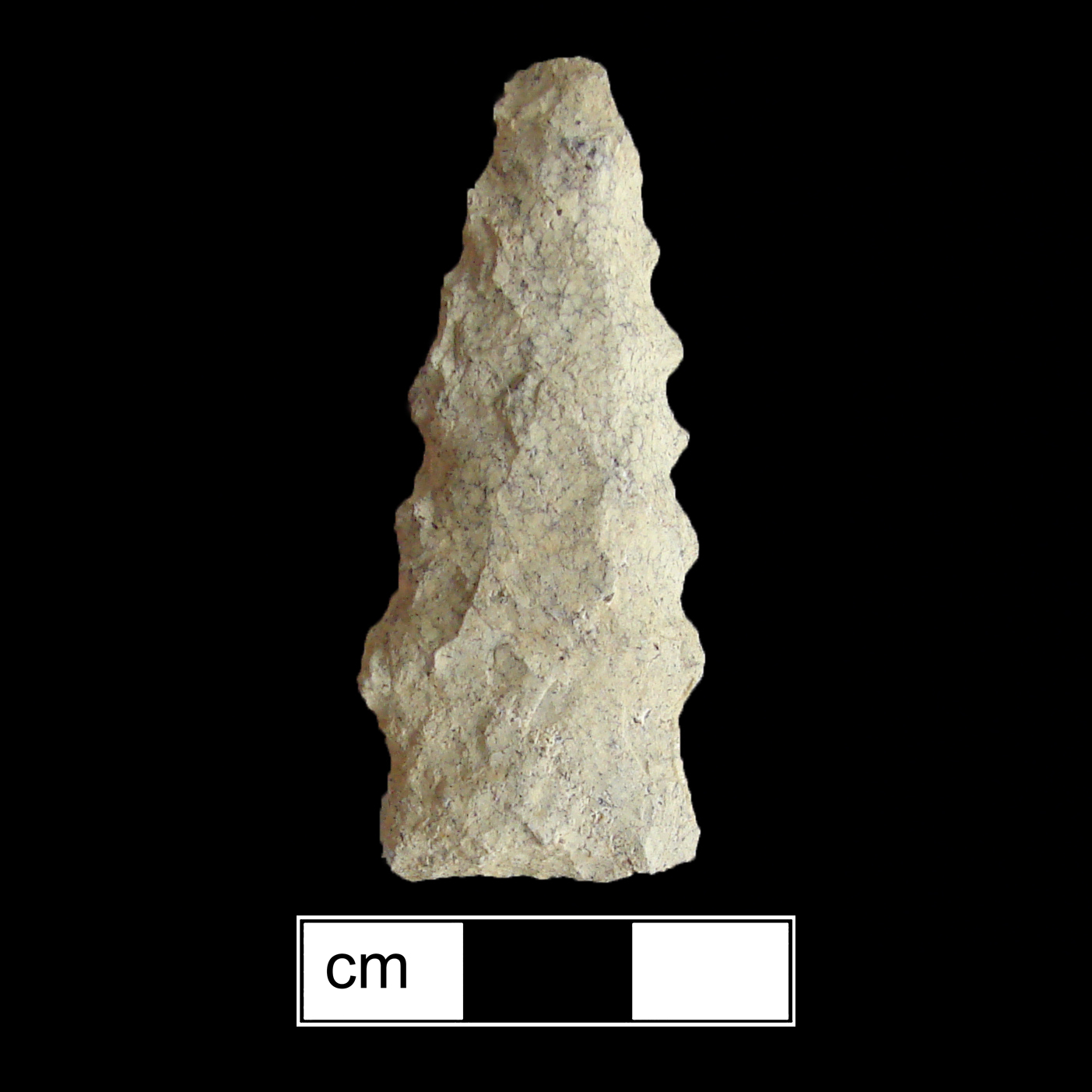 Image of stone projectile point made of Rhyolite, Stemmed shape, with a Expanding stem, Serrated-Straight blade, and Straight base shape. Kirk Serrated type.