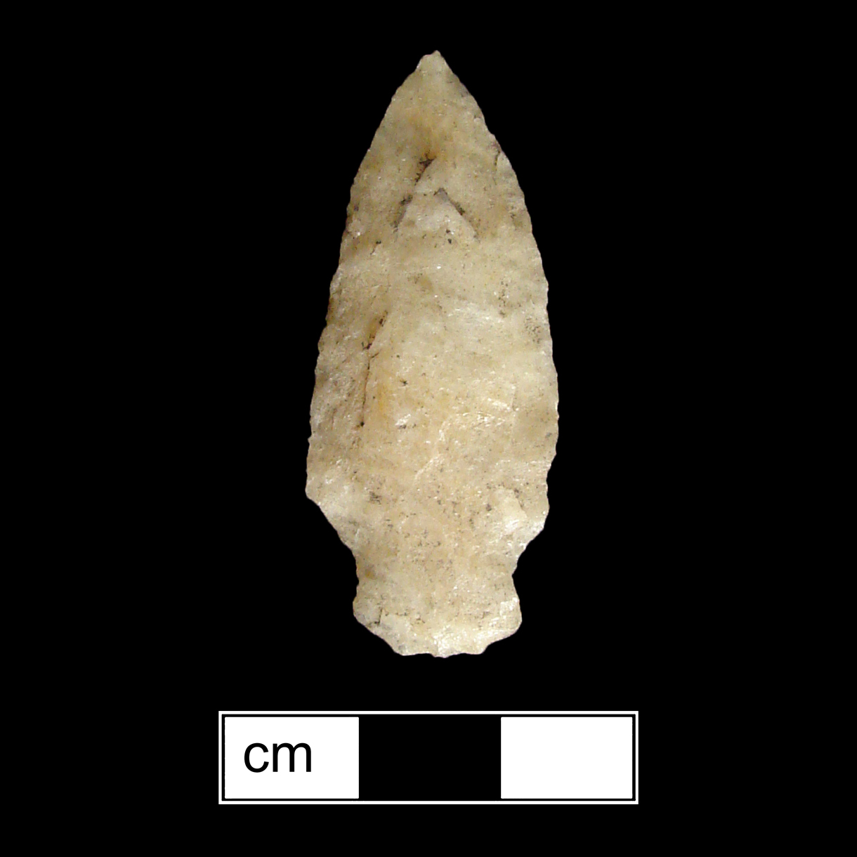 Image of stone projectile point made of Quartz, Stemmed shape, with a Straight stem, Excurvate blade, and Convex base shape. Lamoka type.