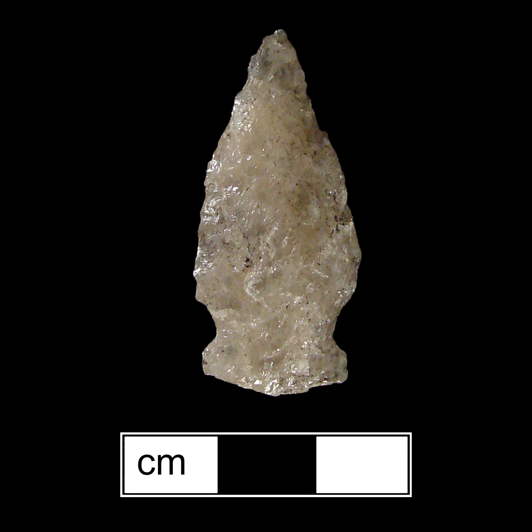 Image of stone projectile point made of Quartz, Side-Notched shape, with a Expanding stem, Excurvate blade, and Convex base shape. Lamoka type.