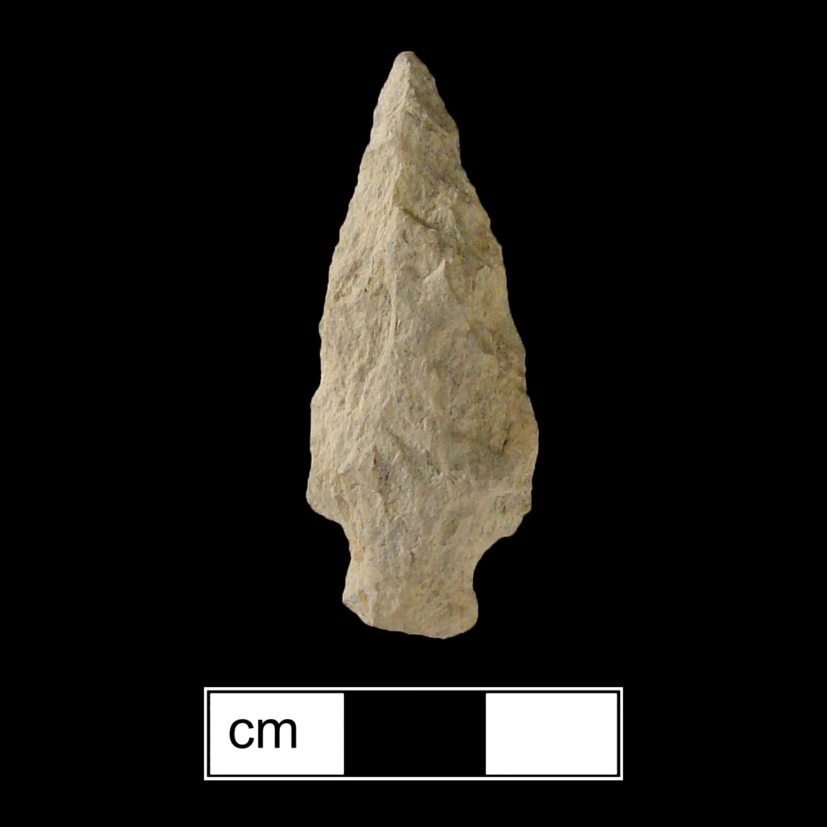 Image of stone projectile point made of Rhyolite, Side-Notched shape, with a Straight stem, Excurvate blade, and Straight base shape. Lamoka type.