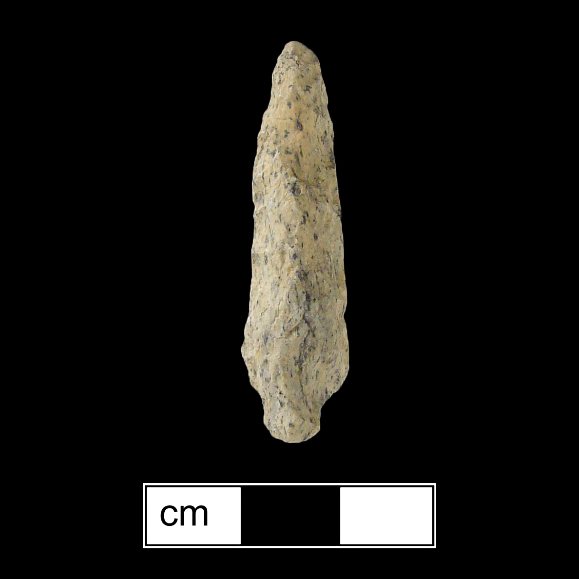 Image of stone projectile point made of Rhyolite, Stemmed shape, with a Straight stem, Straight blade, and Convex base shape. Lamoka type.