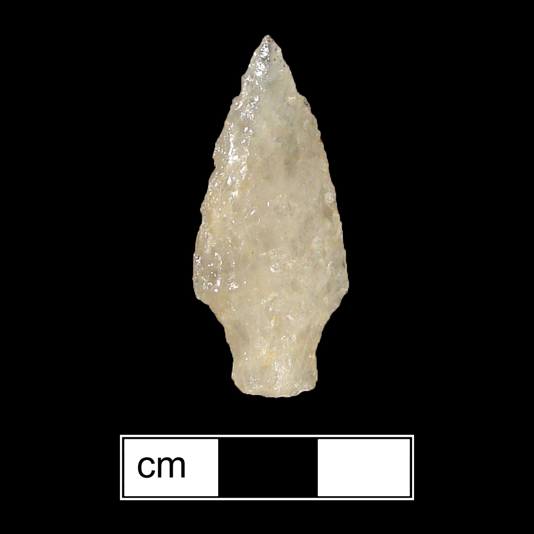 Image of stone projectile point made of Quartz, Stemmed shape, with a Contracting stem, Excurvate blade, and Straight base shape. Lamoka type.