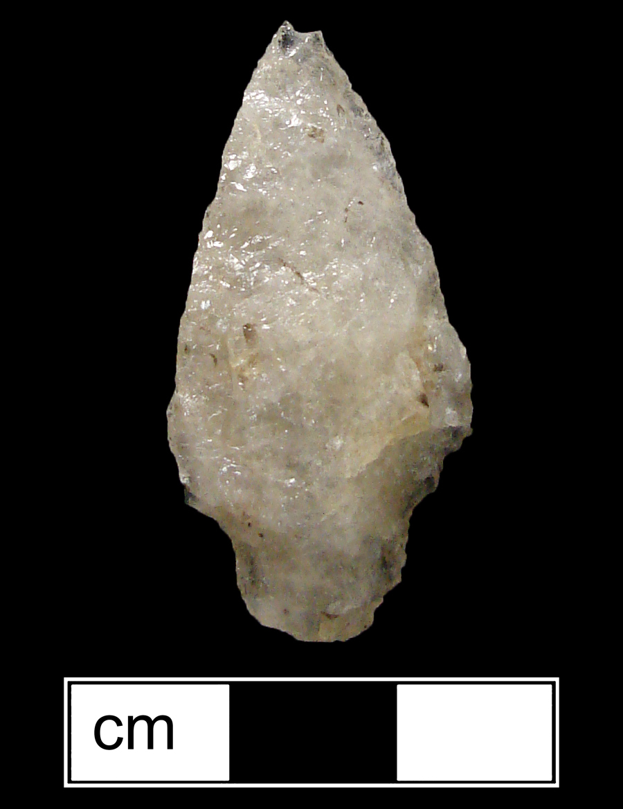 Image of stone projectile point made of Quartz, Stemmed shape, with a Contracting stem, Straight blade, and Convex base shape. Lamoka type.