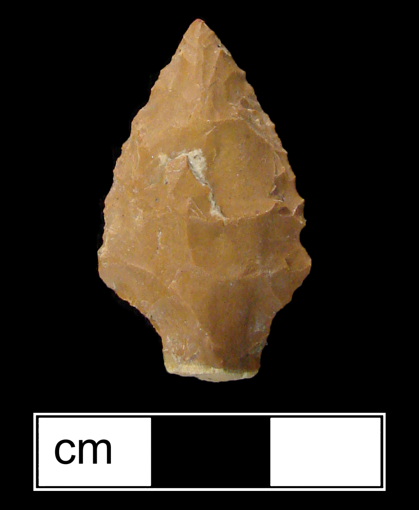 Image of stone projectile point made of Jasper, Stemmed shape, with a Contracting stem, Excurvate blade, and Straight base shape. Lamoka type.