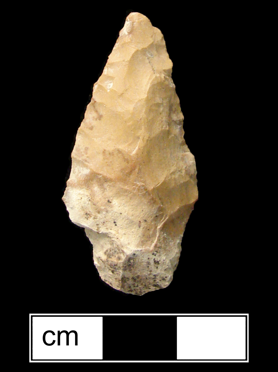 Image of stone projectile point made of Jasper, Stemmed shape, with a Contracting stem, Excurvate blade, and Convex base shape. Lamoka type.