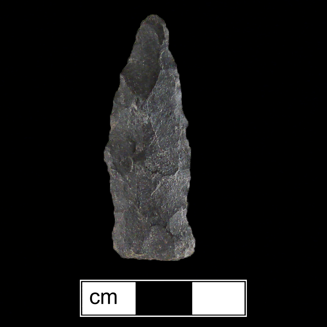 Image of stone projectile point made of Chert, Side-Notched shape, with a Expanding stem, Excurvate blade, and Straight base shape. Lamoka type.