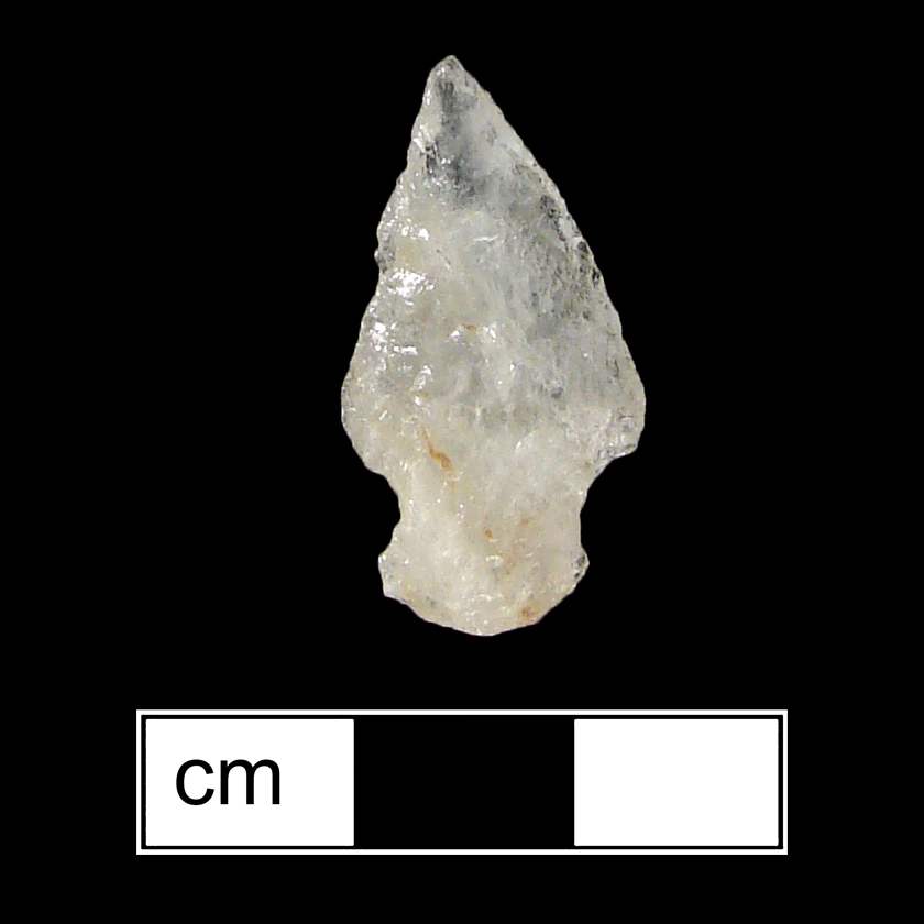 Image of stone projectile point made of Quartz, Side-Notched shape, with a Expanding stem, Excurvate blade, and Convex base shape. Lamoka type.