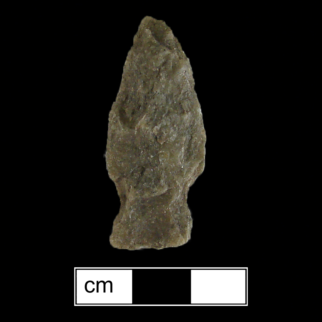 Image of stone projectile point made of UID, Stemmed shape, with a Straight stem, Excurvate blade, and Straight base shape. Lamoka type.