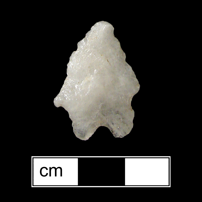 Image of stone projectile point made of Quartz, Bifurcate shape, with a Expanding stem, Straight blade, and Bifurcate base shape. LeCroy type.