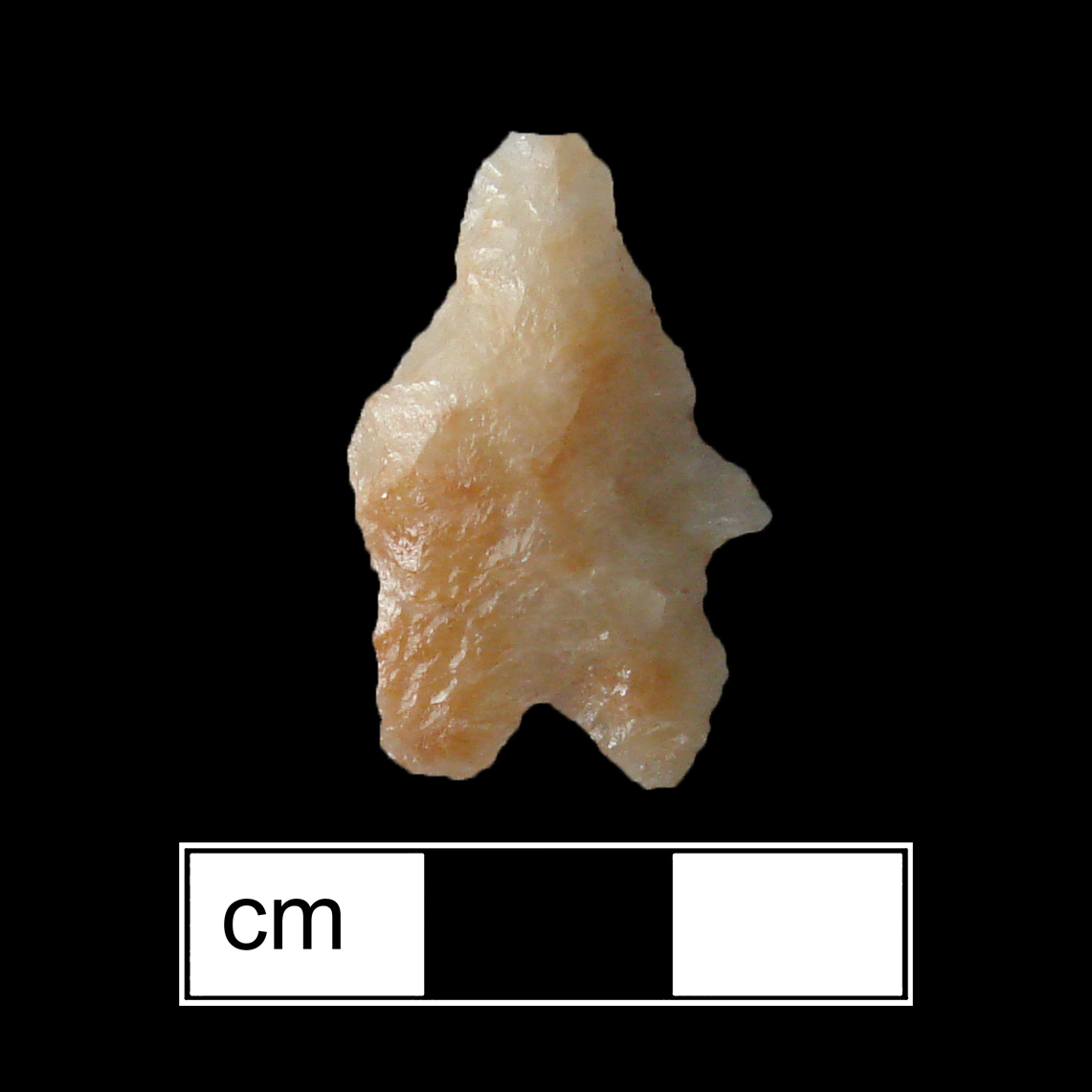 Image of stone projectile point made of Quartz, Bifurcate shape, with a Expanding stem, Straight blade, and Bifurcate base shape. LeCroy type.