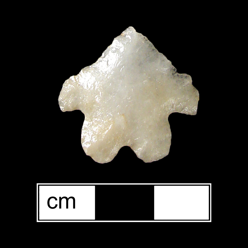 Image of stone projectile point made of Quartz, Bifurcate shape, with a Expanding stem, Straight blade, and Bifurcate base shape. LeCroy type.