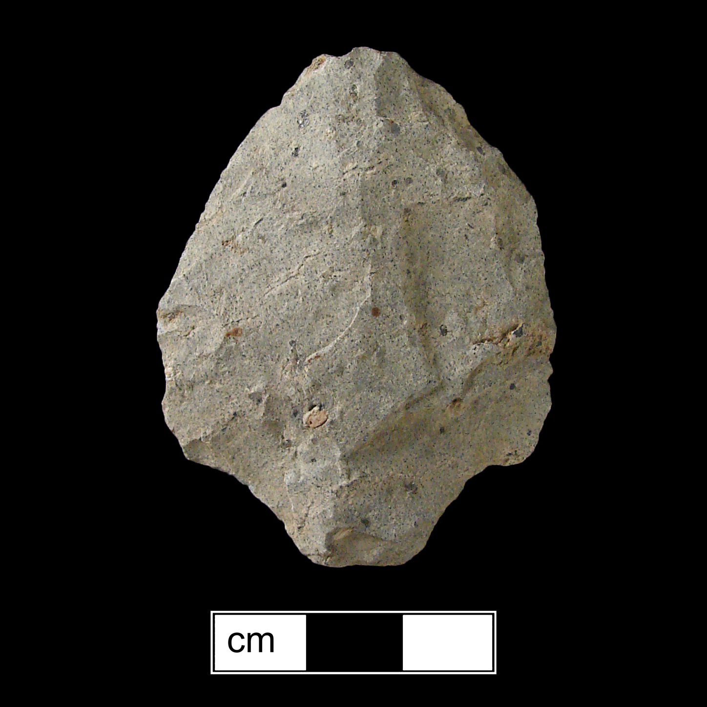 Image of stone projectile point made of Rhyolite, Contracting Stem shape, with a Contracting stem, Excurvate blade, and Straight base shape. Lehigh/Koens-Crispin type.