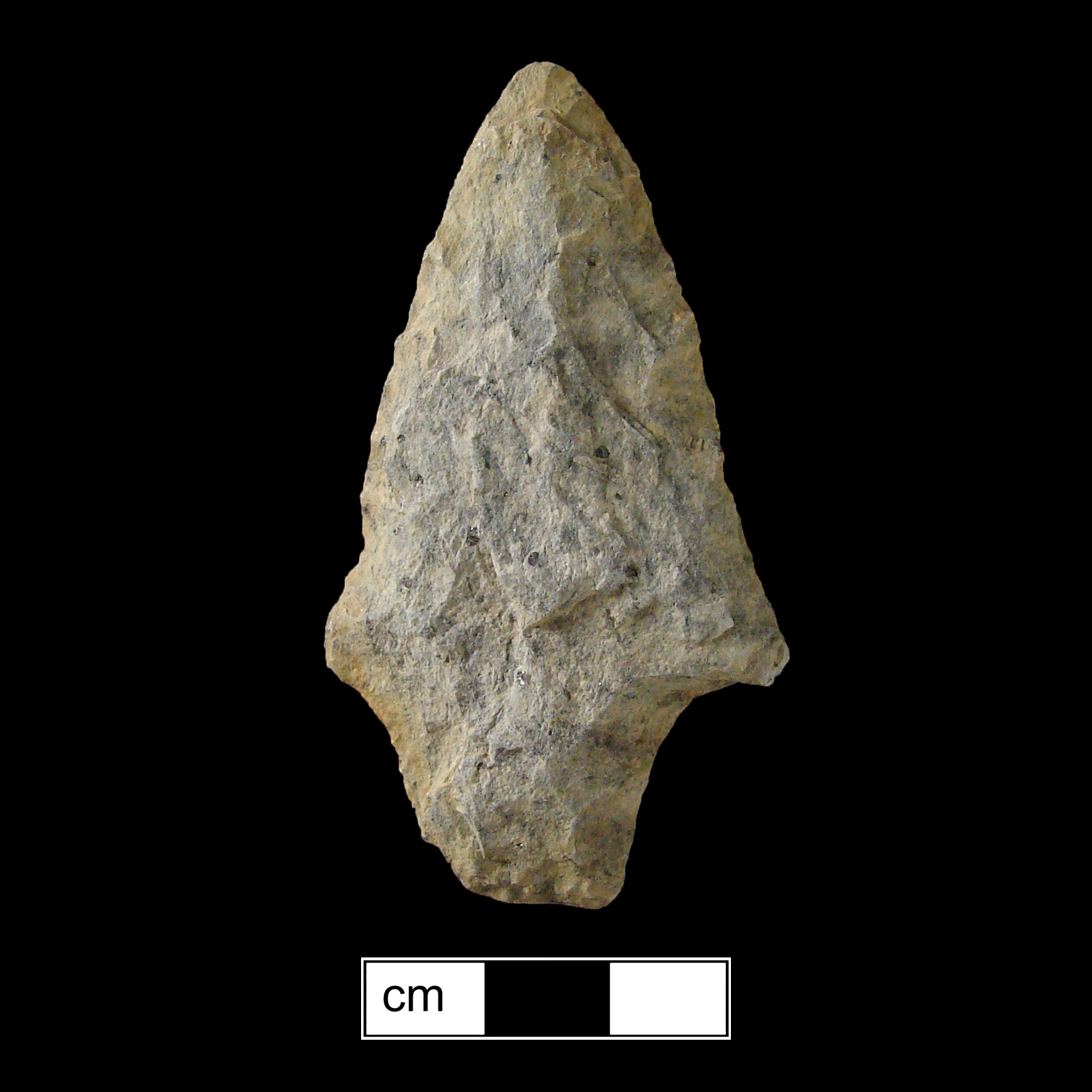 Image of stone projectile point made of Rhyolite, Contracting Stem shape, with a Contracting stem, Excurvate blade, and Straight base shape. Lehigh/Koens-Crispin type.