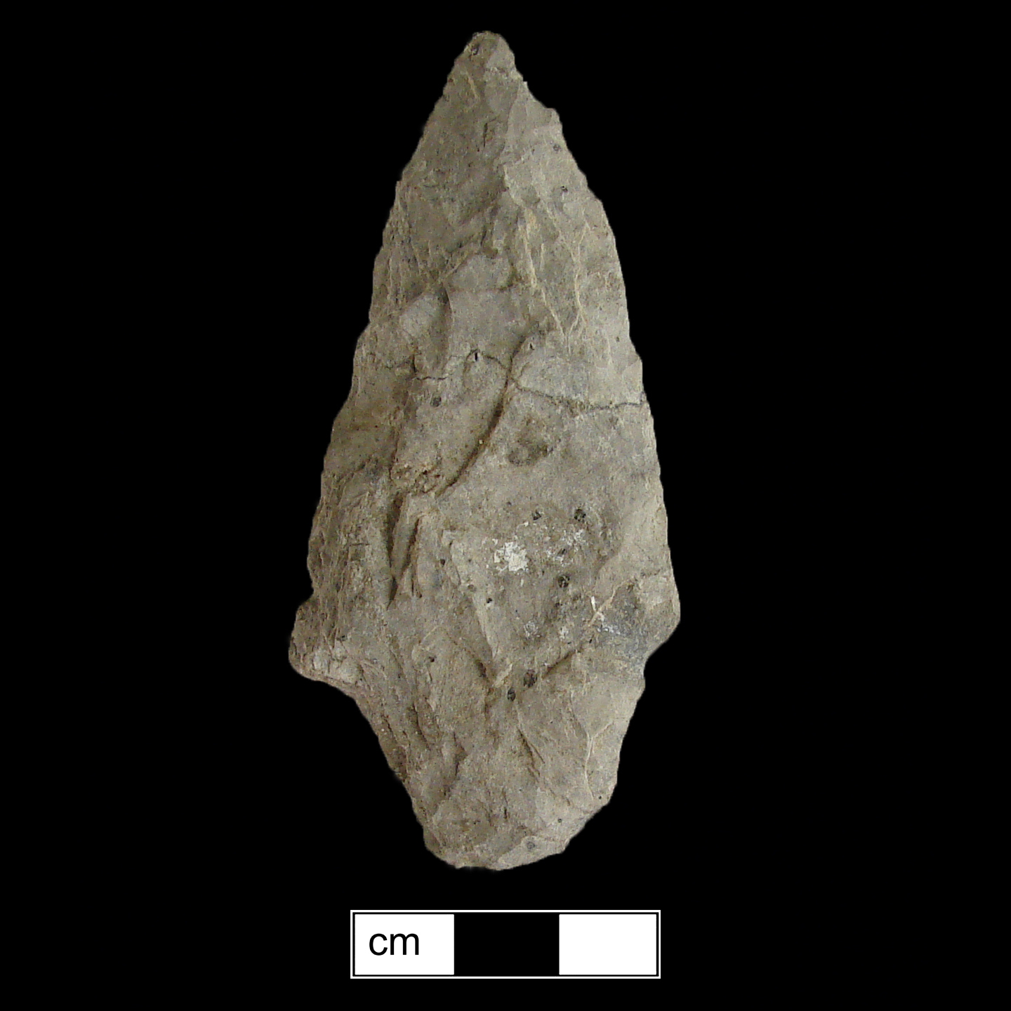 Image of stone projectile point made of Rhyolite, Contracting Stem shape, with a Contracting stem, Excurvate blade, and Straight base shape. Lehigh/Koens-Crispin type.
