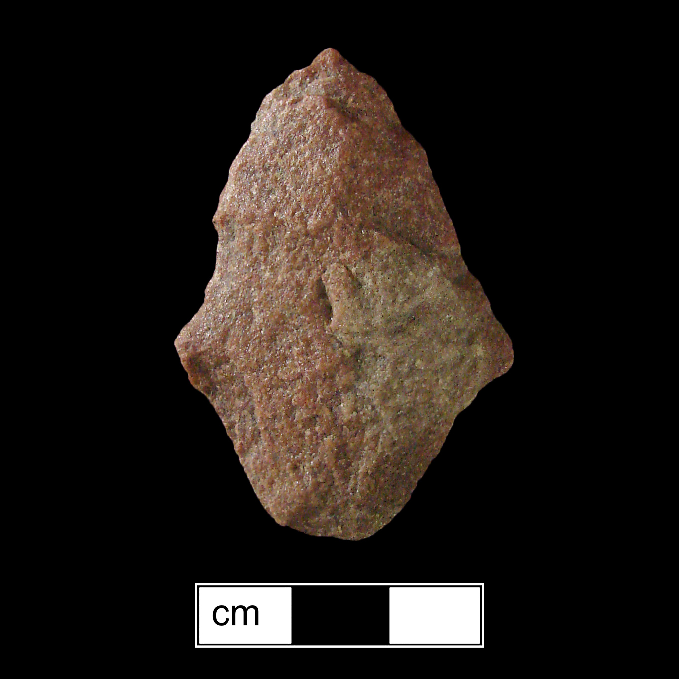 Image of stone projectile point made of Quartzite, Contracting Stem shape, with a Contracting stem, Excurvate blade, and Straight base shape. Lehigh/Koens-Crispin type.