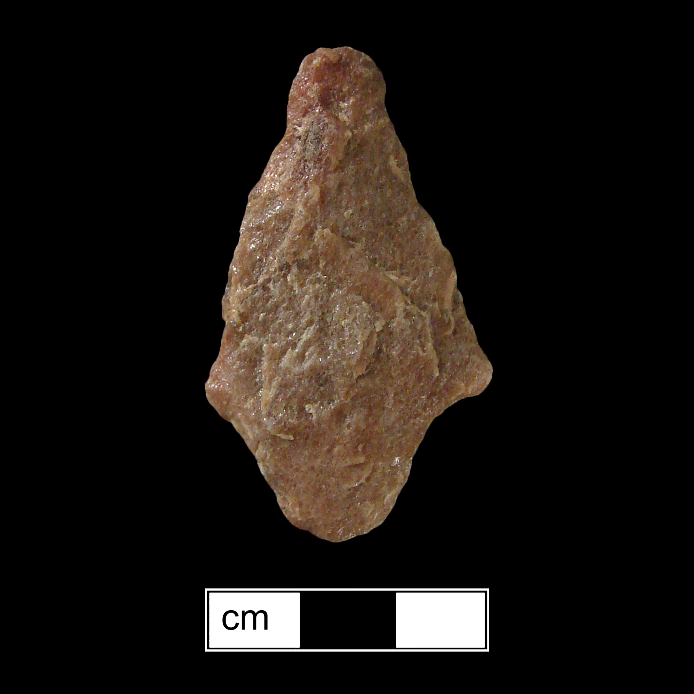 Image of stone projectile point made of Quartzite, Contracting Stem shape, with a contracting stem, Straight blade, and Convex base shape. Lehigh/Koens-Crispin type.