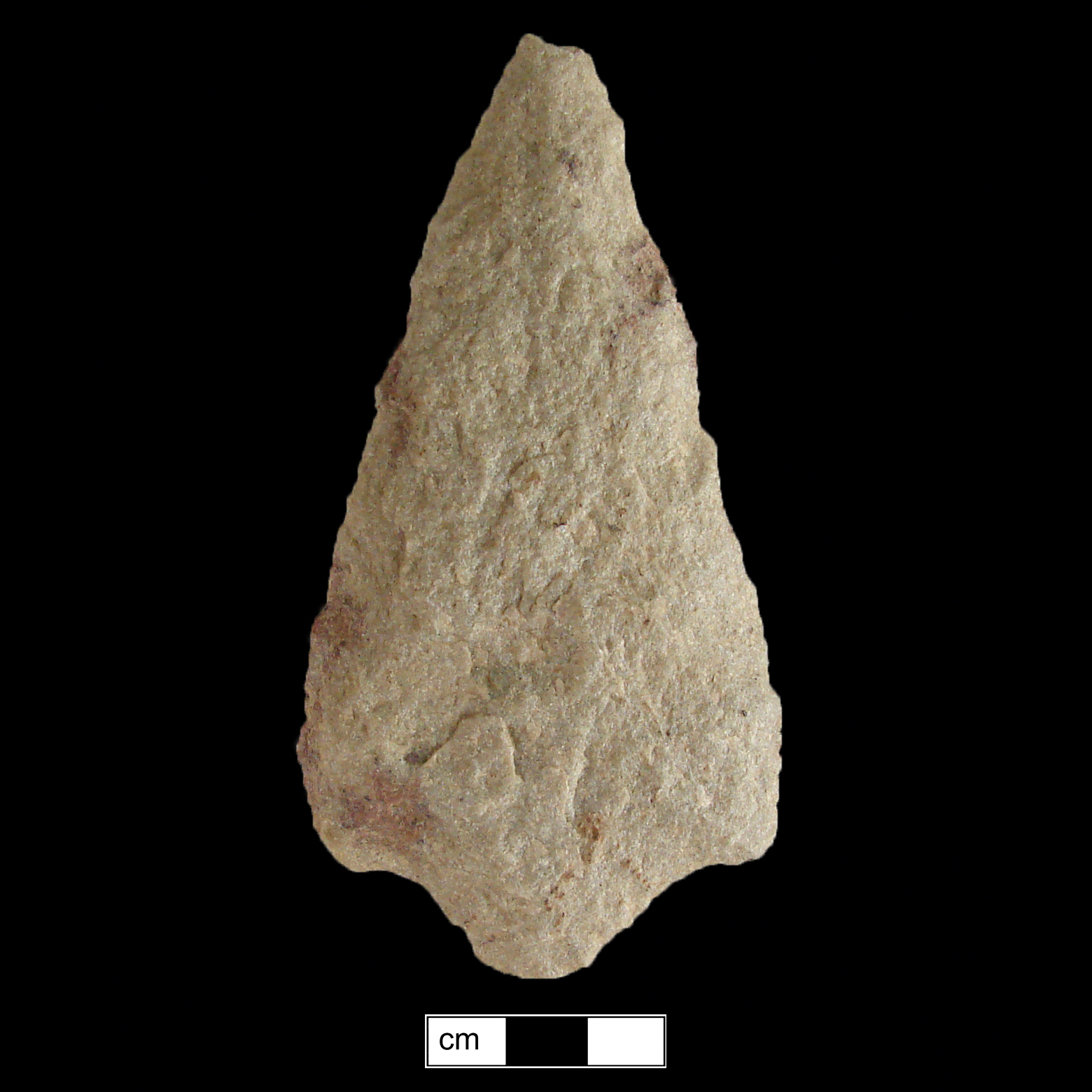Image of stone projectile point made of Quartzite, Contracting Stem shape, with a Contracting stem, Excurvate blade, and Convex base shape. Lehigh/Koens-Crispin type.